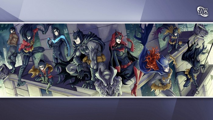 Batman, Batgirl, Batwoman, Nightwing, Robins from DC Comics