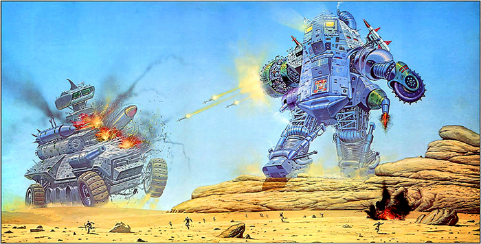Giant robot battles a futuristic tank in a desert