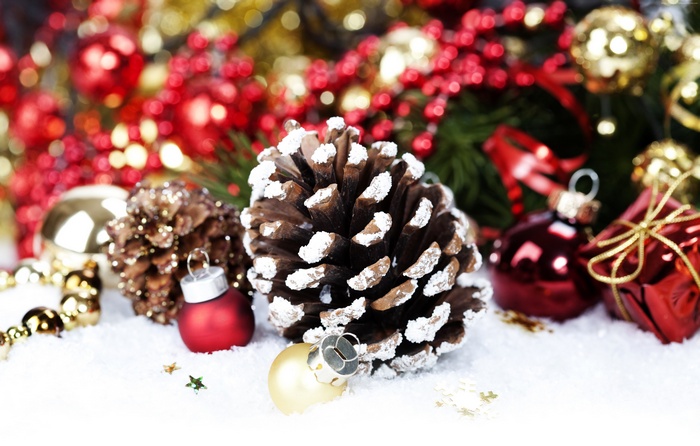 Christmas Decorations with Pinecones and Ornaments on Snow