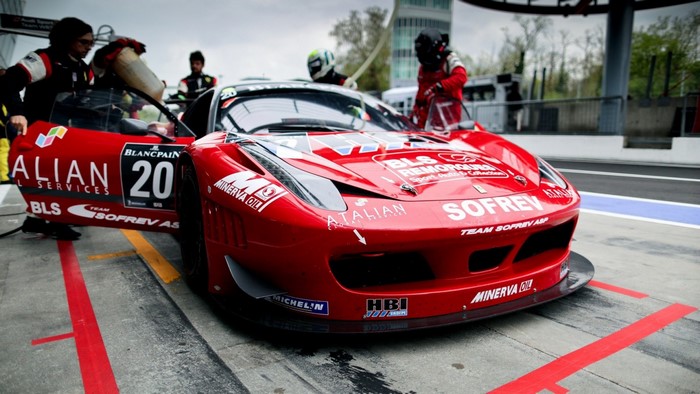 Ferrari 458 Italia GT3 race car in pit stop