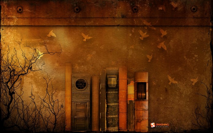 Vintage books with doors and windows on a textured wall