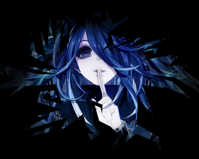Anime girl with blue hair making a shushing gesture
