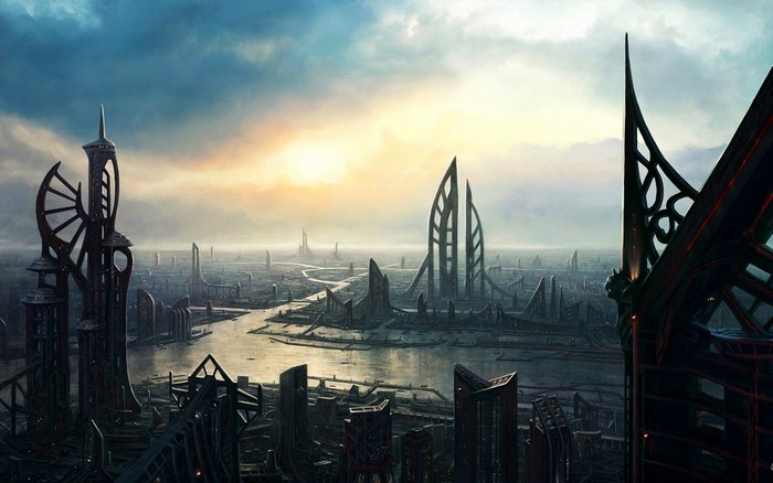 Futuristic cityscape at sunset with towering skyscrapers