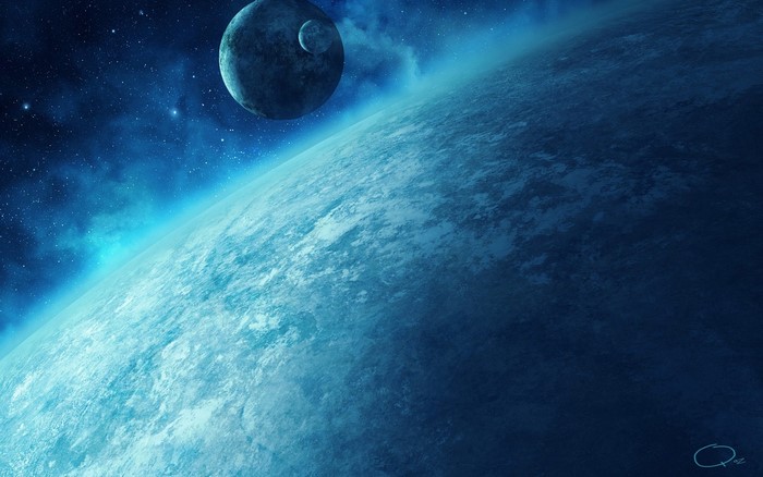 Blue Planet with Moons in Outer Space