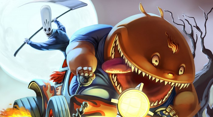 Skeleton Grim Reaper and Monster Riding a Hot Rod