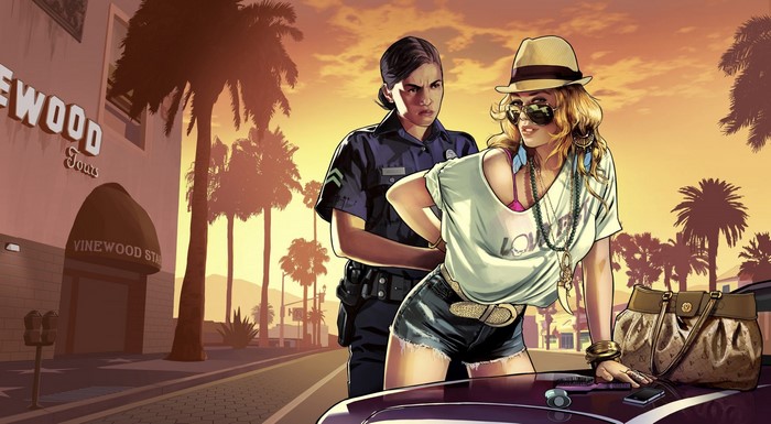 Police arresting a woman in Vinewood, Grand Theft Auto V