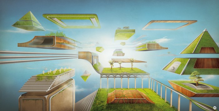 Surreal floating islands with gardens and futuristic architecture