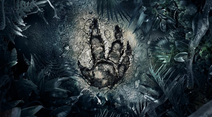 Dinosaur footprint in a dark jungle