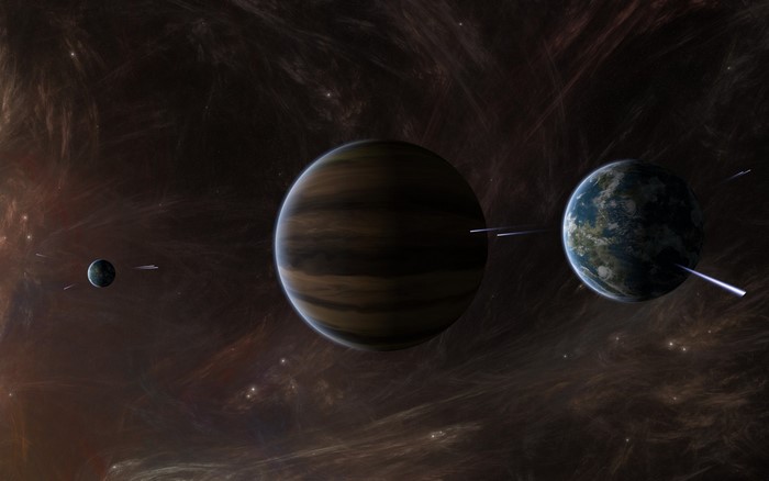 Planets and moons in outer space with nebulae