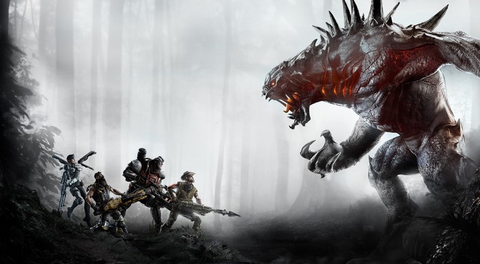 Monster and Hunters from Evolve in a Forest