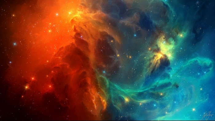 Digital art of a colorful nebula in space