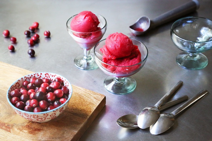 Cranberry sorbet with fresh cranberries and spoons