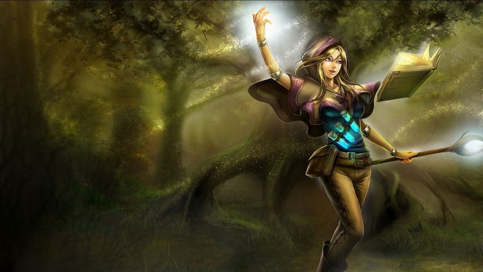 Lux from League of Legends casting magic in a forest