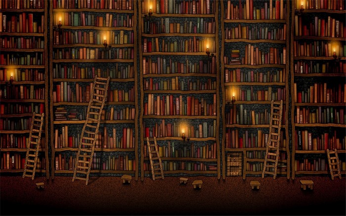 Cozy Symmetrical Library with Warm Candlelight