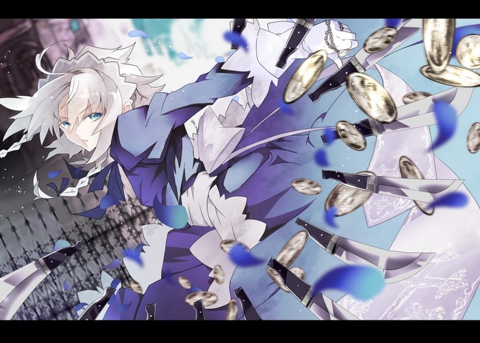 Izayoi Sakuya from Touhou with knives and coins