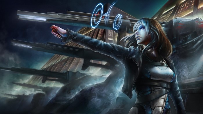 Woman aiming a futuristic weapon in a sci-fi setting
