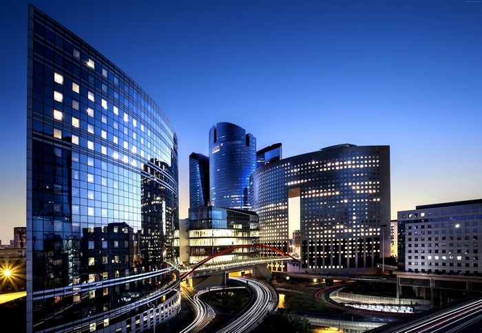 travel, dusk, buildings, booking, city, skyscrapers, night, France, Defense, Paris