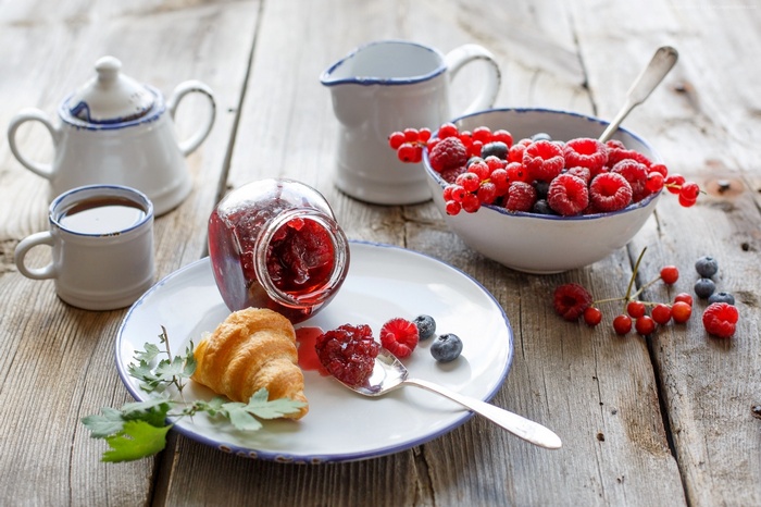 Breakfast with croissants, jam, and berries