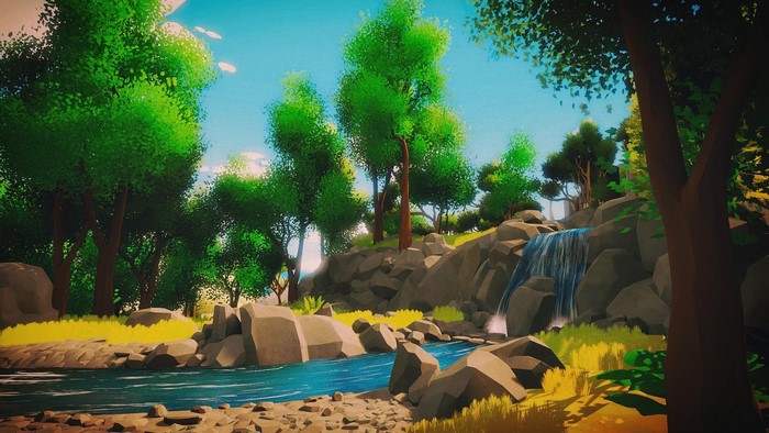 Stylized forest with waterfall and river