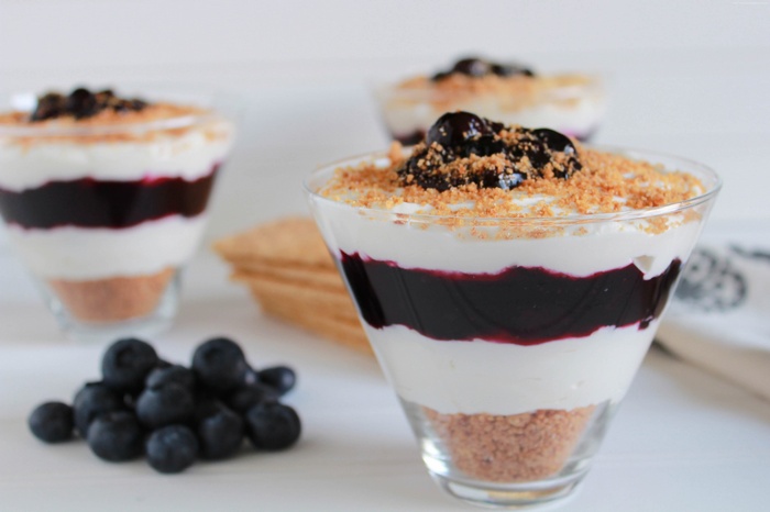 Blueberry cheesecake parfait in glasses