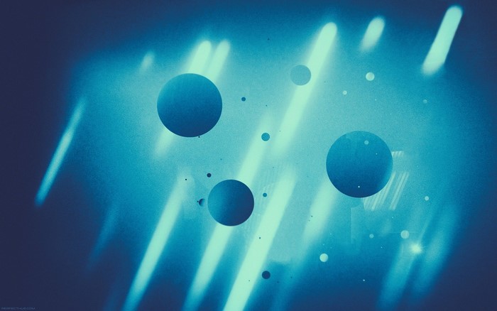 Abstract blue spheres and light streaks in space