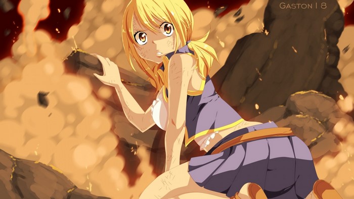 Lucy Heartfilia from Fairy Tail in a destroyed environment