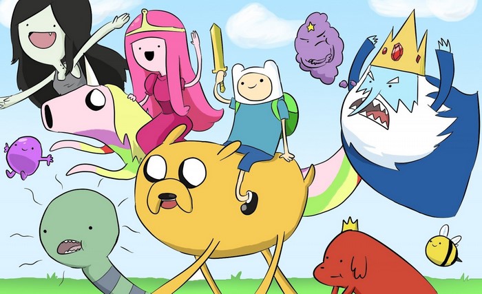 Adventure Time characters Finn, Jake, Princess Bubblegum, Marceline, Ice King, Lumpy Space Princess, and others