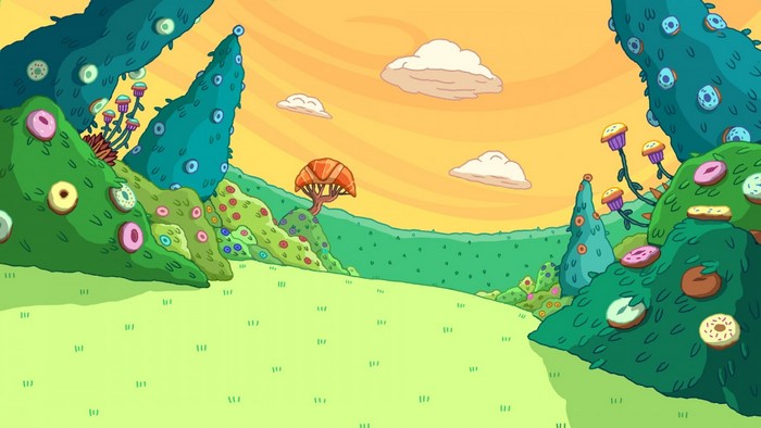 Cartoon landscape with donut-like trees and flowers
