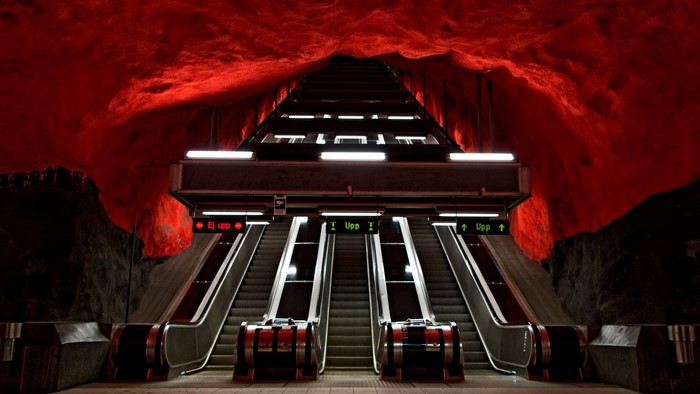 Red Cave Escalators in Stockholm Metro Station