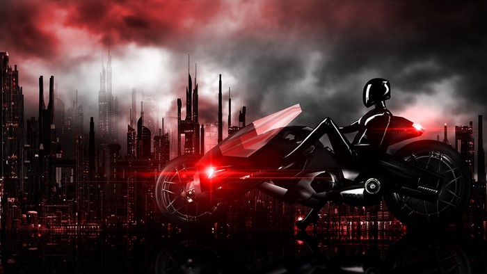 Science fiction motorcycle rider in futuristic city