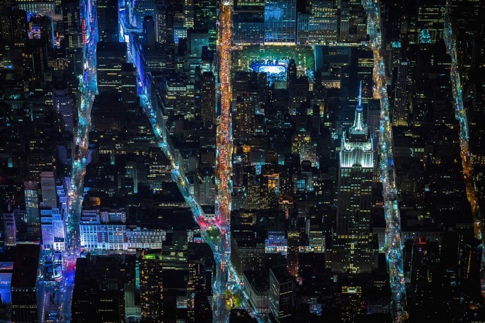 Aerial view of New York City skyscrapers at night