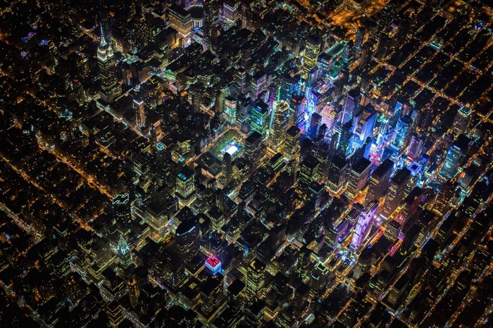 Aerial view of New York City at night
