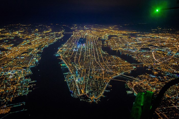Aerial view of New York City at night