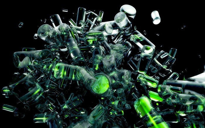 Abstract green mechanical components floating in darkness