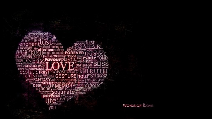 Heart shape word cloud with love-related words