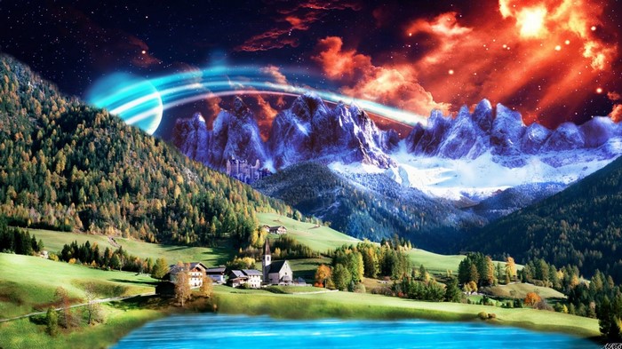 Fantasy landscape with mountains, village, and nebula