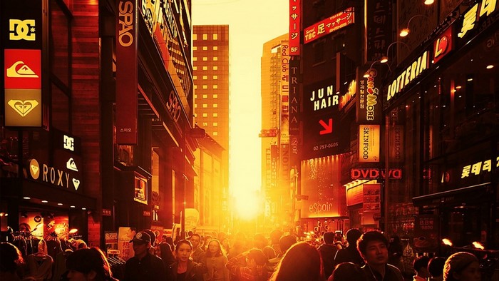 Street scene in Seoul with sunset and crowds