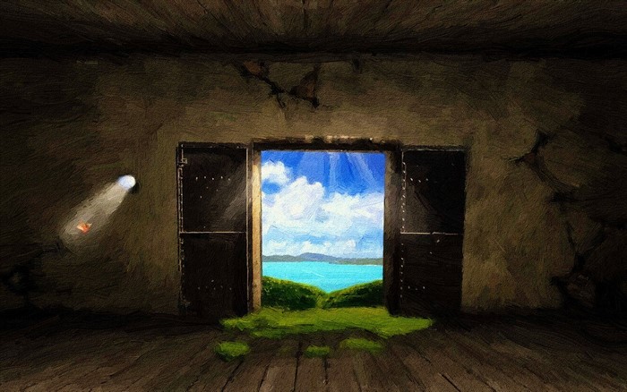 Interior of a dark room with an open doorway to a bright landscape