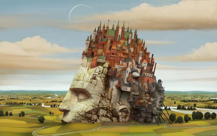 Fantasy city built on a giant stone head