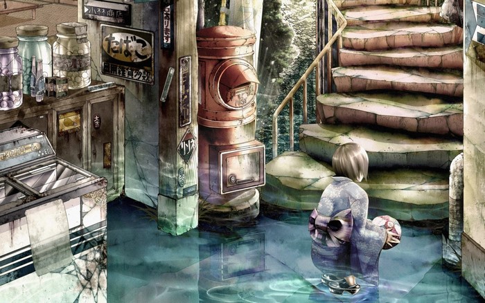 Anime girl in kimono by flooded street with Japanese postbox