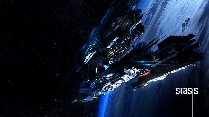 Spaceship orbiting Earth with "Stasis" logo