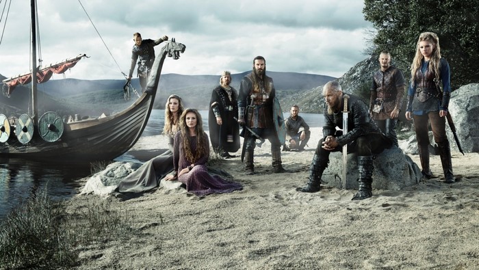 Vikings TV series cast with boat