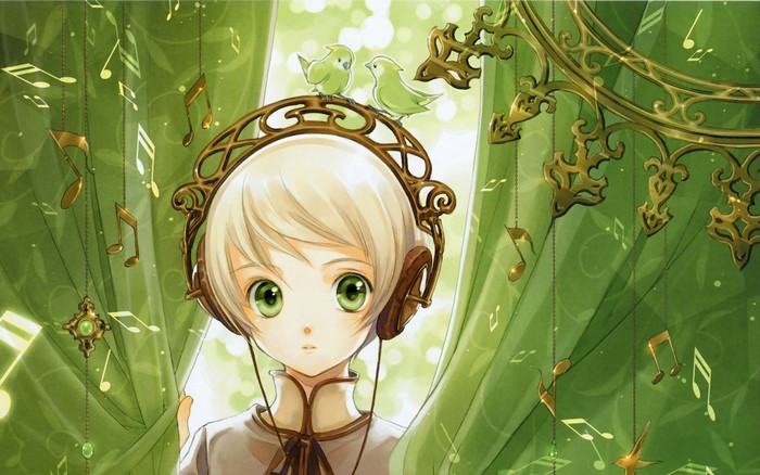 Anime girl with headphones and birds, musical notes