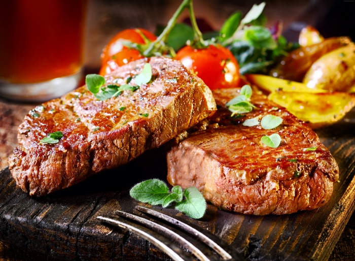 tomato leaves, vegetables, meat, beef, meal, cooking, food, steak, grill