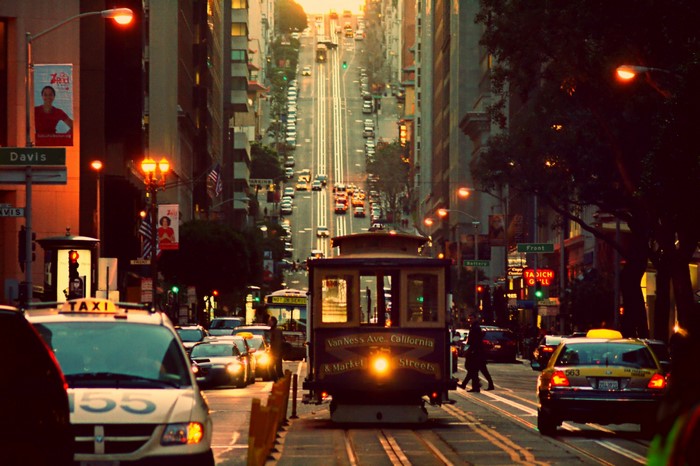 San Francisco Cable Car on a Steep Street at Dusk