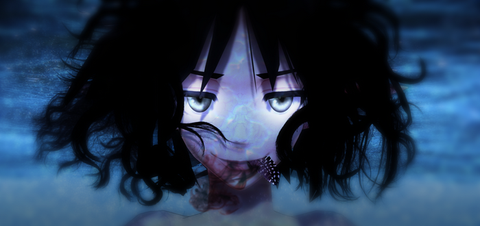 Anime girl with dark hair and glowing eyes