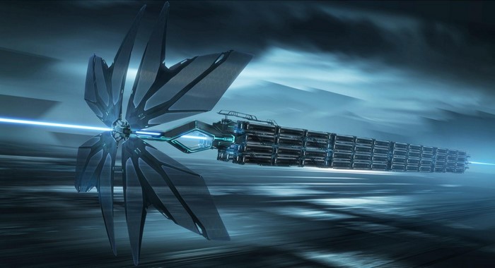 Science fiction spaceship with blue laser beam