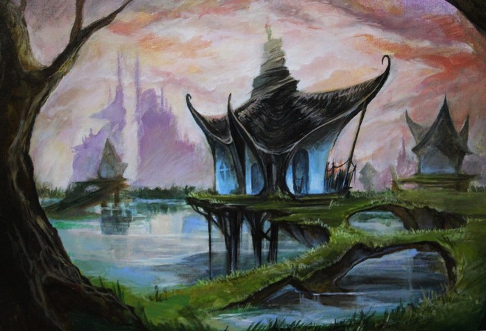 Mystical Fantasy Lakeside House Painting