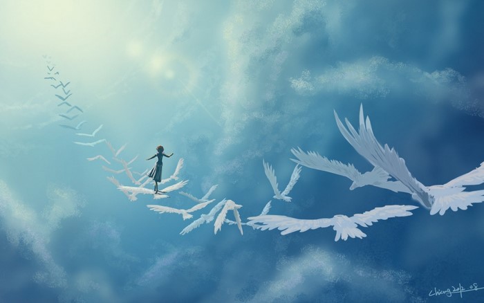 Girl walking on birds in the sky