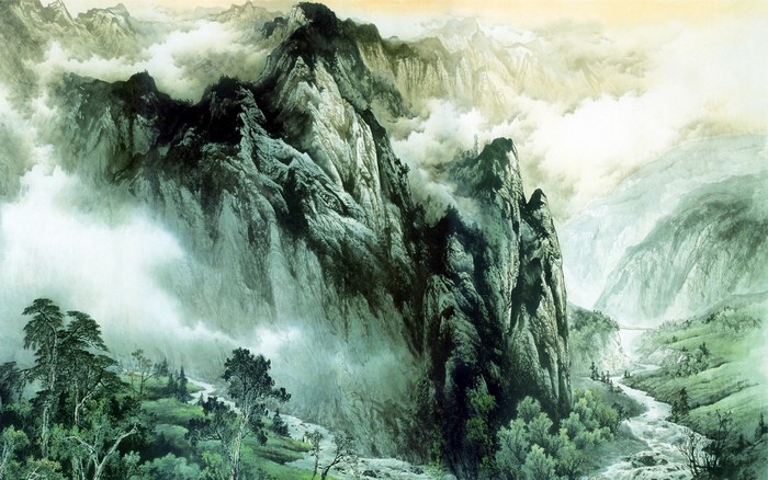 Misty Mountains with River and Trees